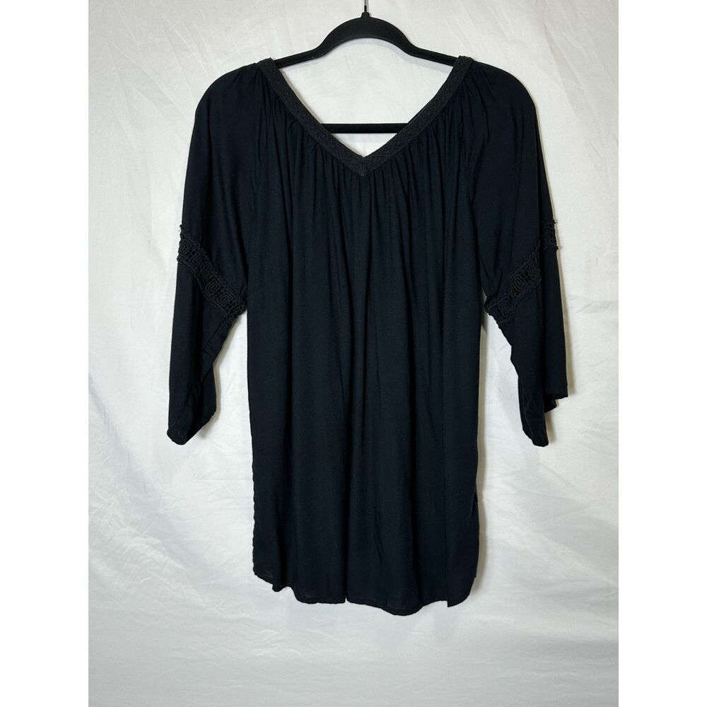 Ellos Women's BOHO Deep V Peasant Blouse with Crochet Accents 3/4 Sleeve Size 8